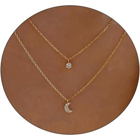Jewelry - Layered Gold Necklace for Women 14K Plated Moon Pendant Cubic Zirconia Jewelry